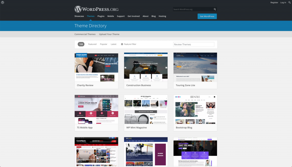 Searching for WordPress review themes on the official WP repository